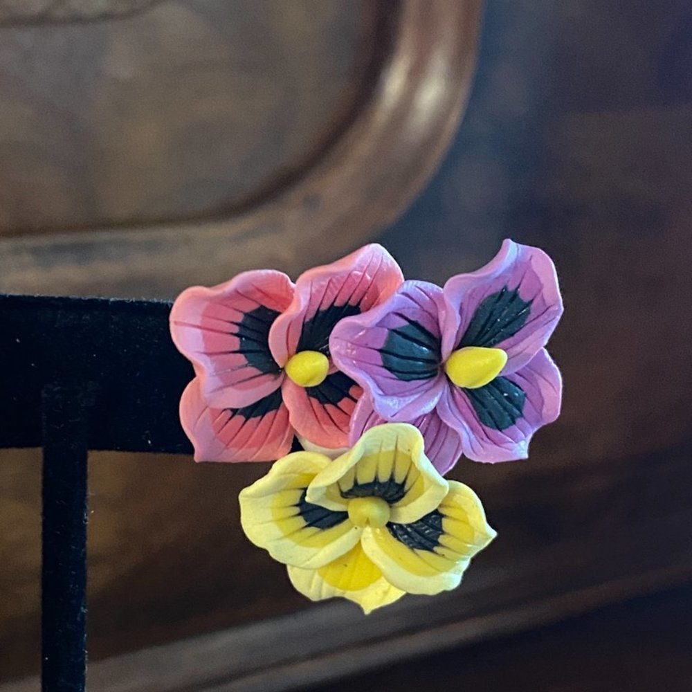 Pansy Flower Bunch Polymer Push Back Earrings