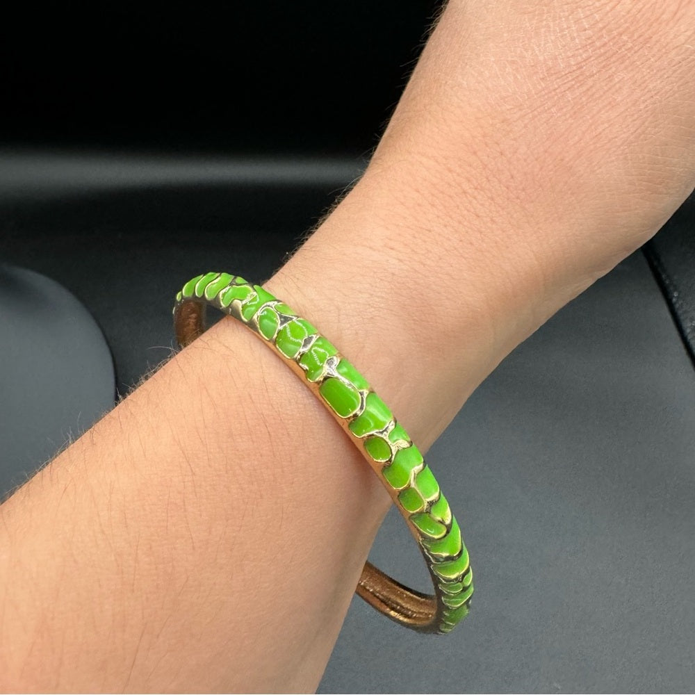 Green Enamel and Gold Tone Metal Bangle