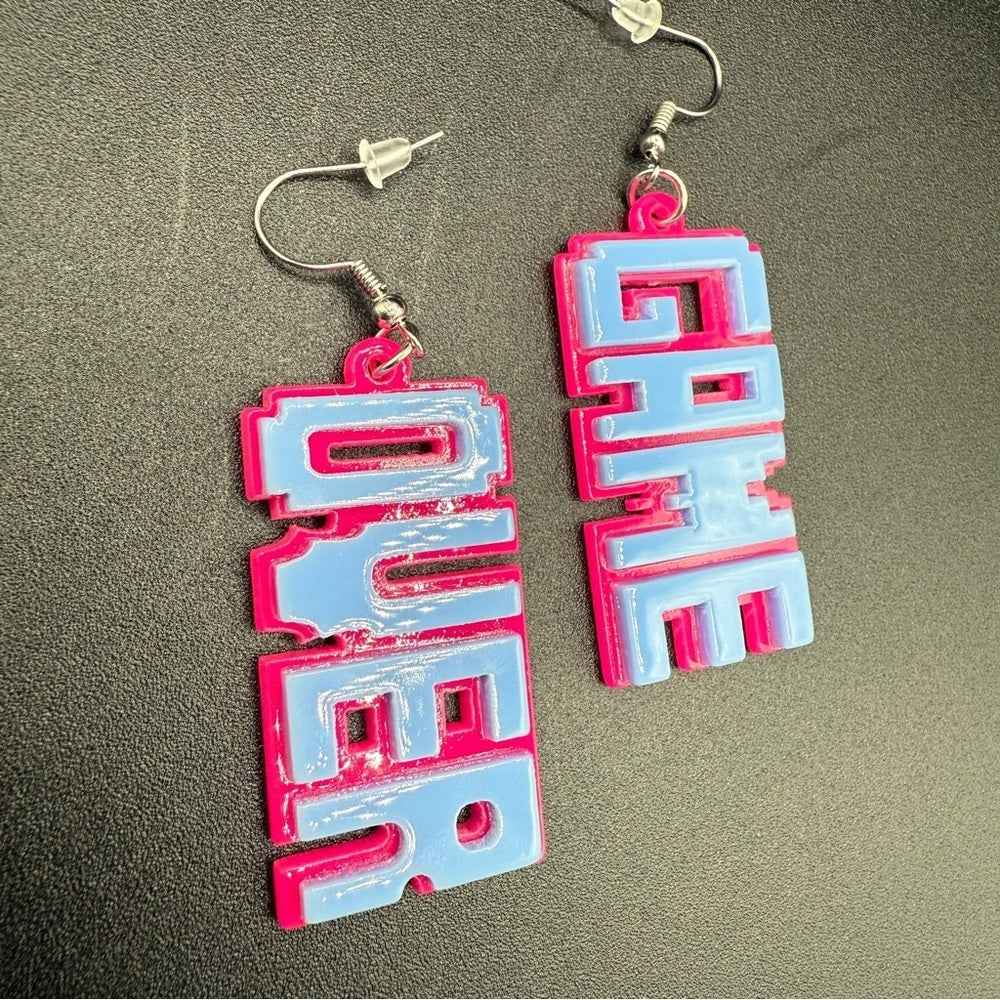Gamer Girl PC 'Game Over' Acrylic Neon Pink and Blue Earrings - Pierced