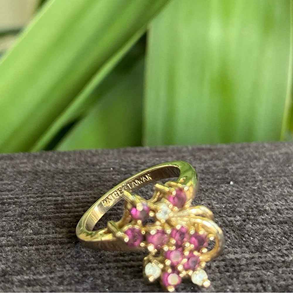 Gold 14KT GE Amethyst Rhinestone Floral Cluster Ring Size 4.75