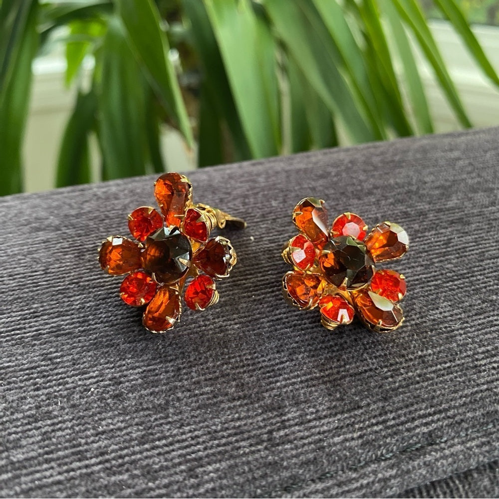 1950s Amber Orange Floral Statement Clip-On Earrings — West Germany Style