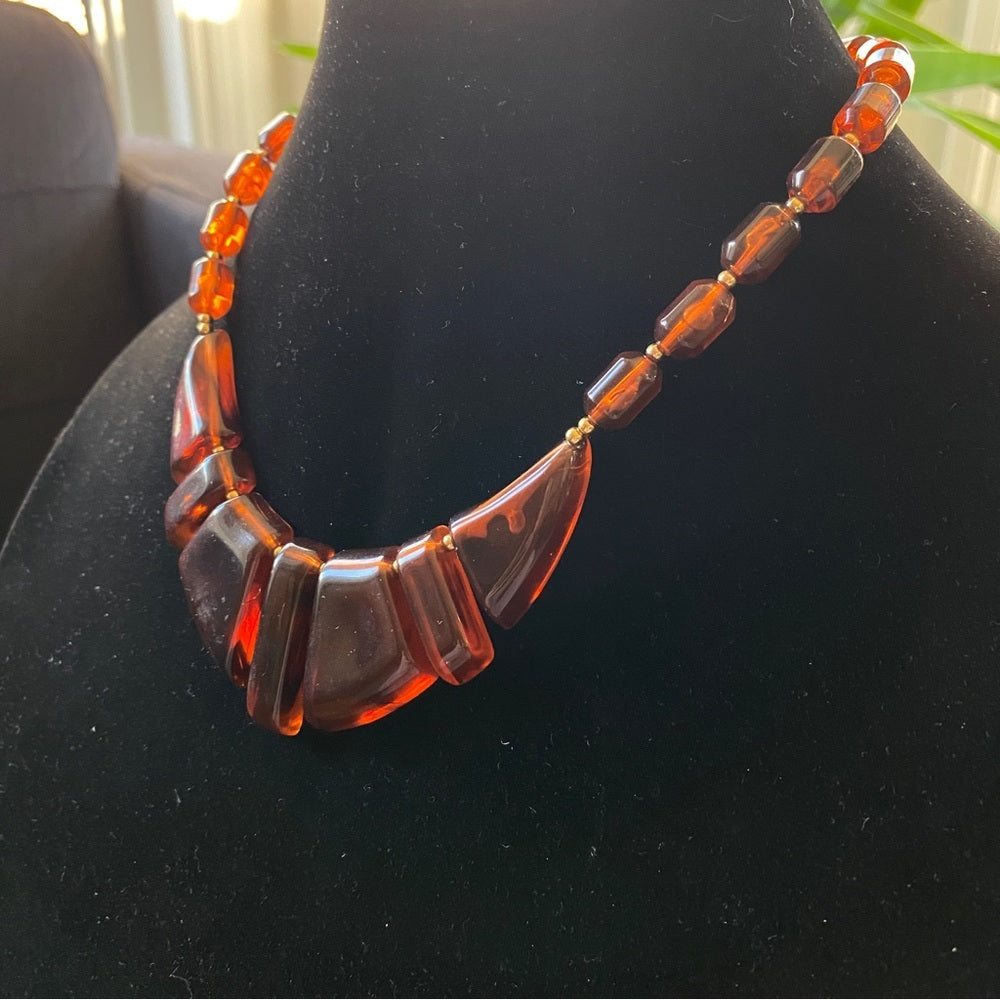 Vintage 70s era Amber Brown Chunky Lucite Statement Necklace