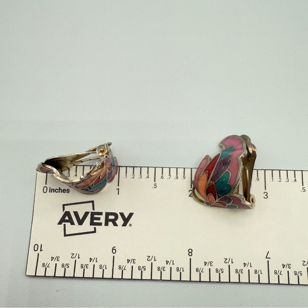 Vintage Cloisonné Enamel Butterfly Wing Clip-On Earrings