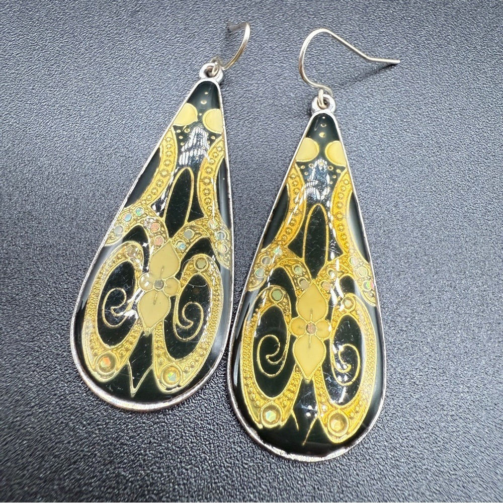 Vintage Gold Cloisonné Art Deco Resin Teardrop Dangle Earrings