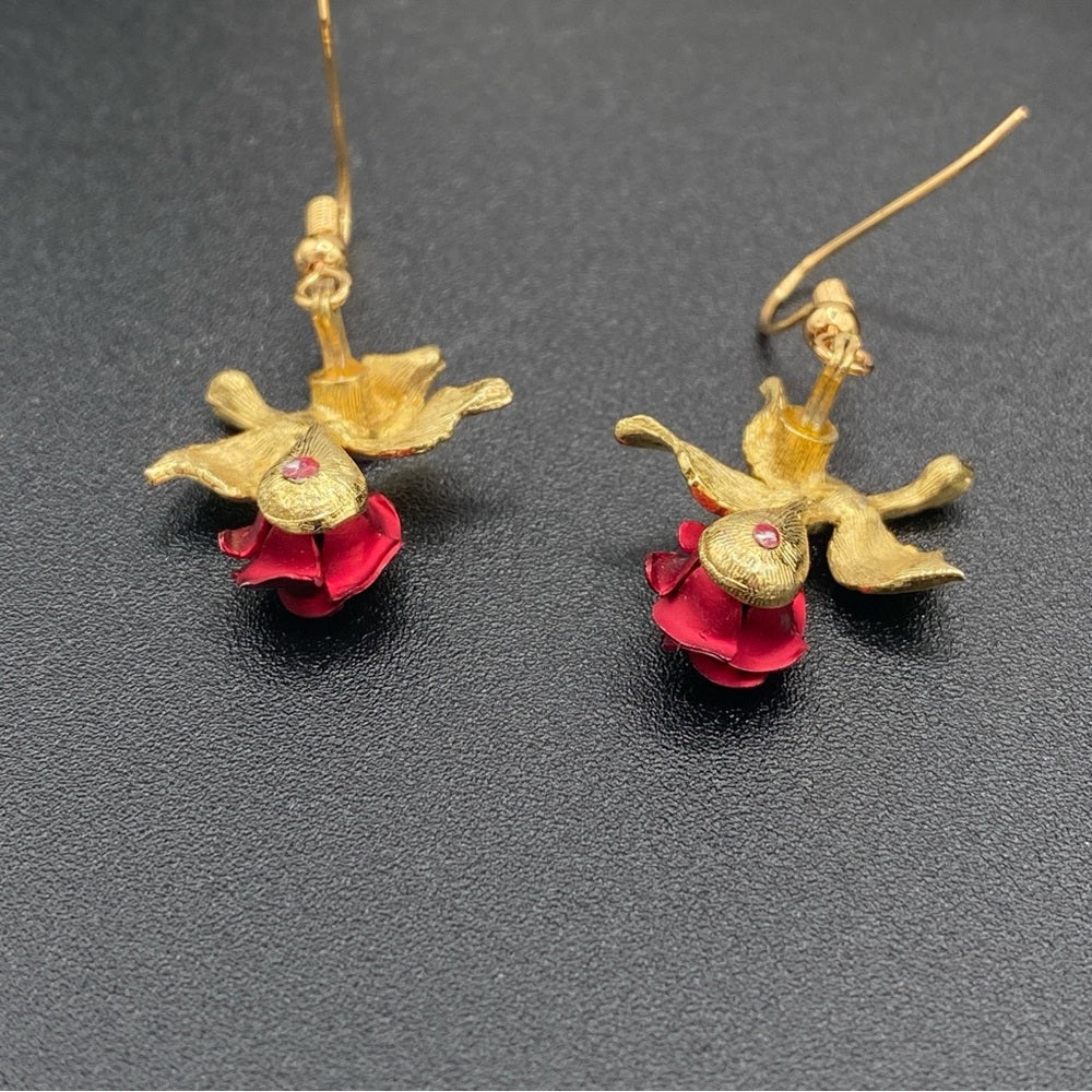 Vintage Red Rose Gold Tone Hook Earrings