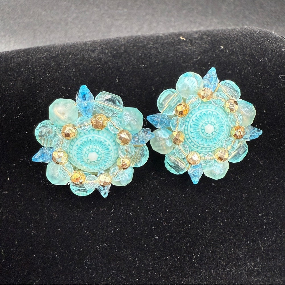 Vintage West Germany Signed 1950s Blue Lucite Cluster Clip-Ons