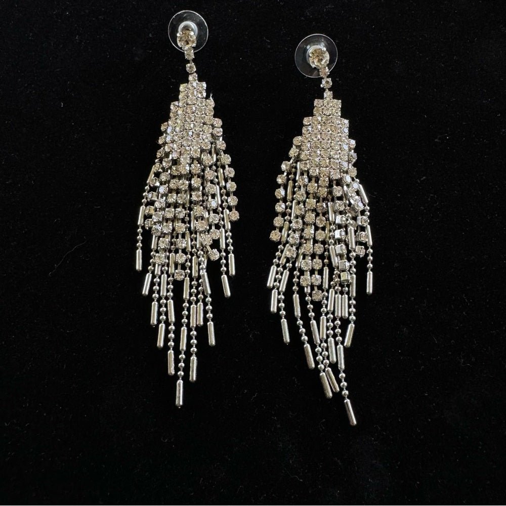 Badgley Mischka Cascading Silver Tone Fringe Rhinestone Earrings Pierced