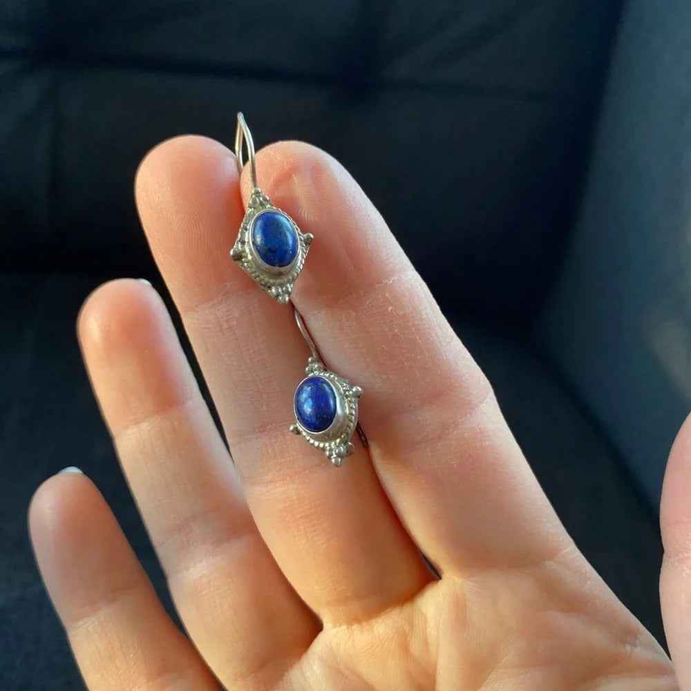 Silver Marked Lapis Lazuli Drop Earrings with Hook Backing