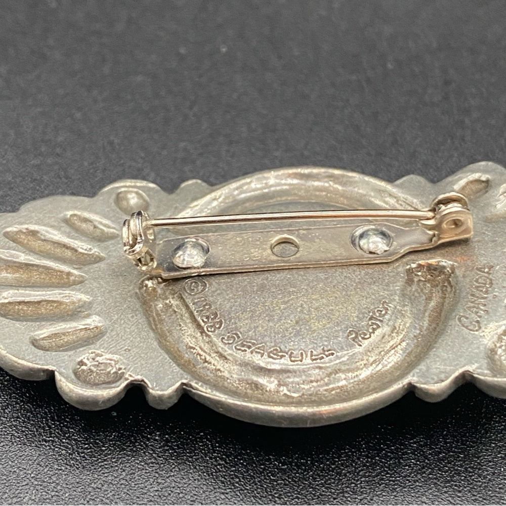 Vintage Signed Seagull Canada Pewter Victorian Style Brooch with Faux Pearl