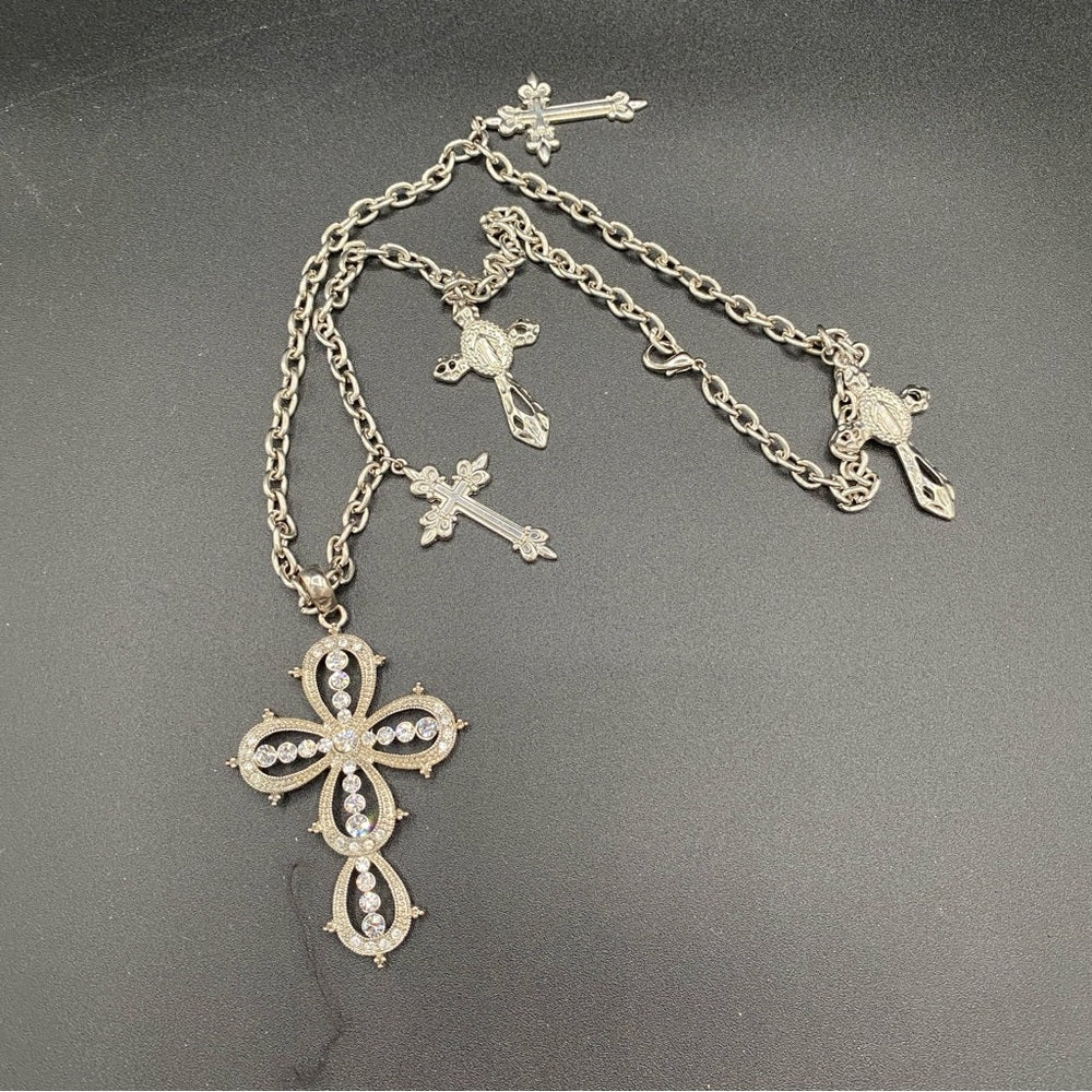 Gothic Multi-Cross Silver Tone Necklace