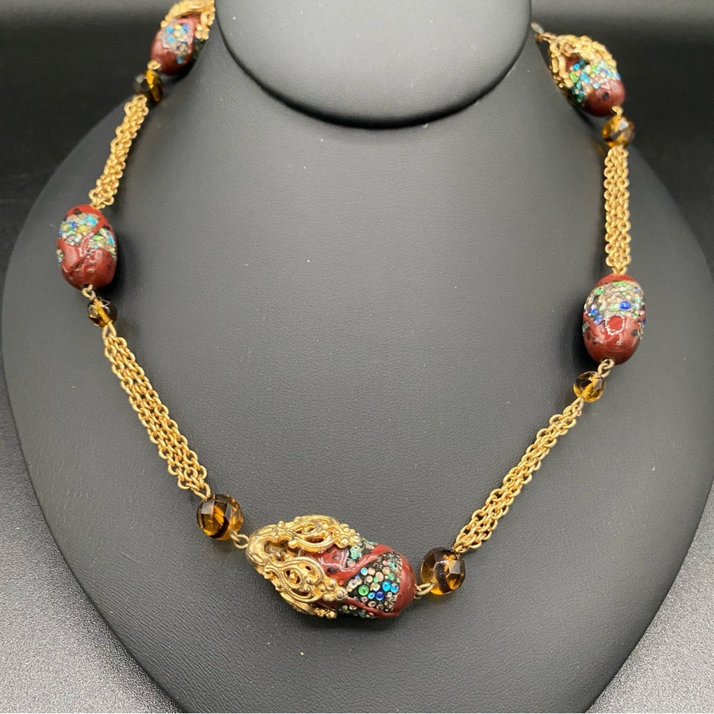 Vintage Textured Glass Bead Flapper Necklace with Gold Tone Filigree Details