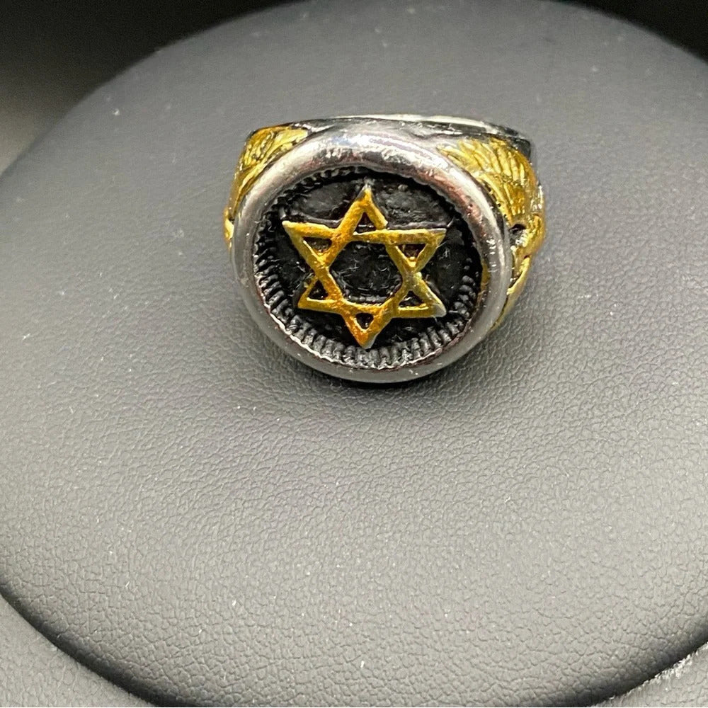 Signet Two Tone ring Star of David  6 Point Star Ring with Eagle Design Size 8