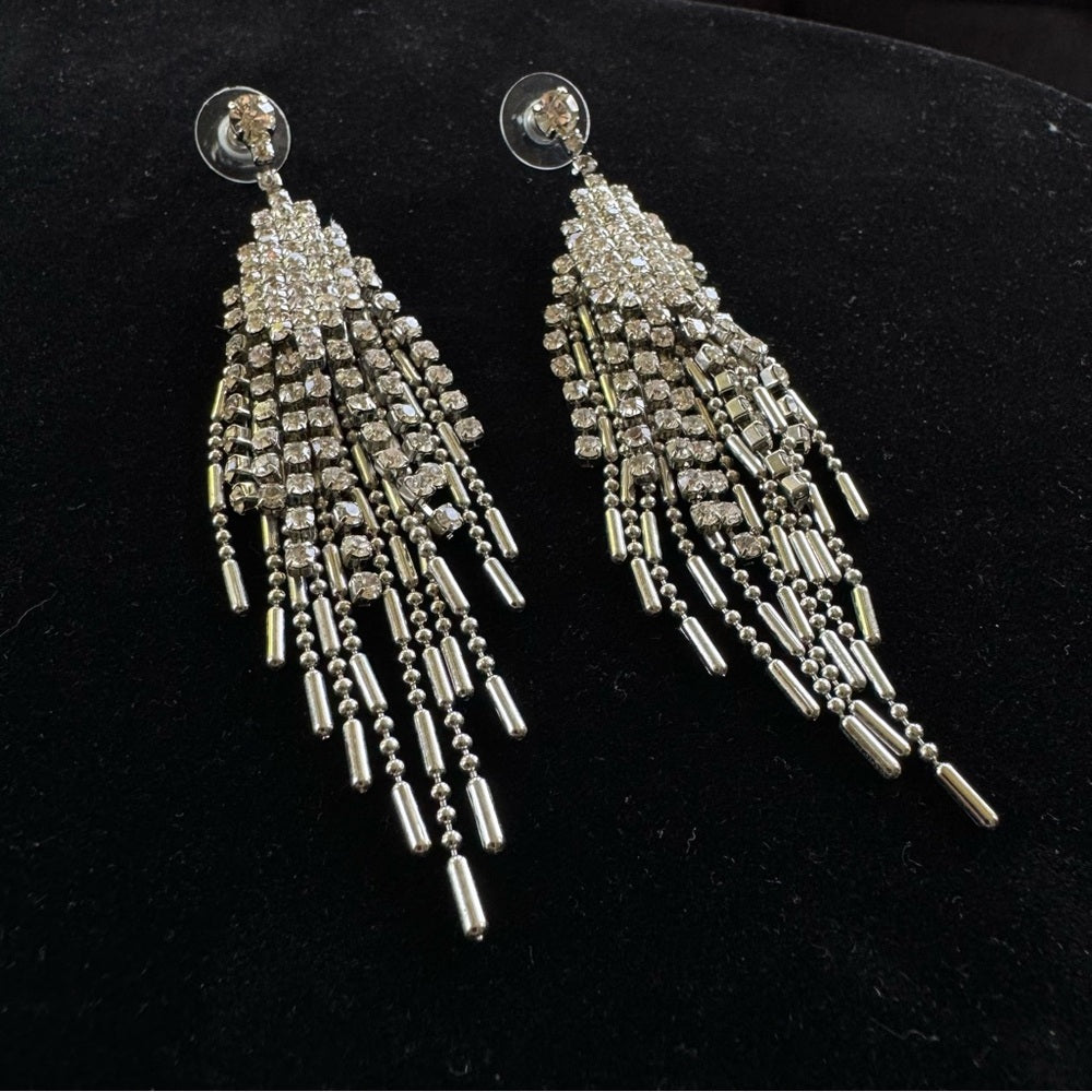 Badgley Mischka Cascading Silver Tone Fringe Rhinestone Earrings Pierced