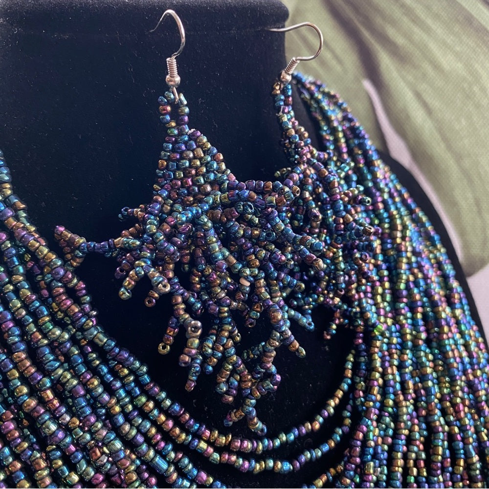 Stunning Iridescent Multilayered Seed Bead Necklace and Dangly Coral Earring Set