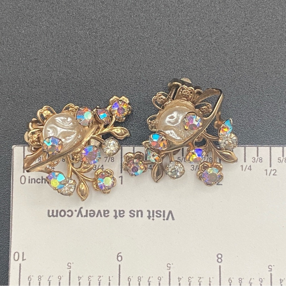 Gorgeous Baroque Style AB Crystal and Faux Pearl Vintage Clip On Earrings