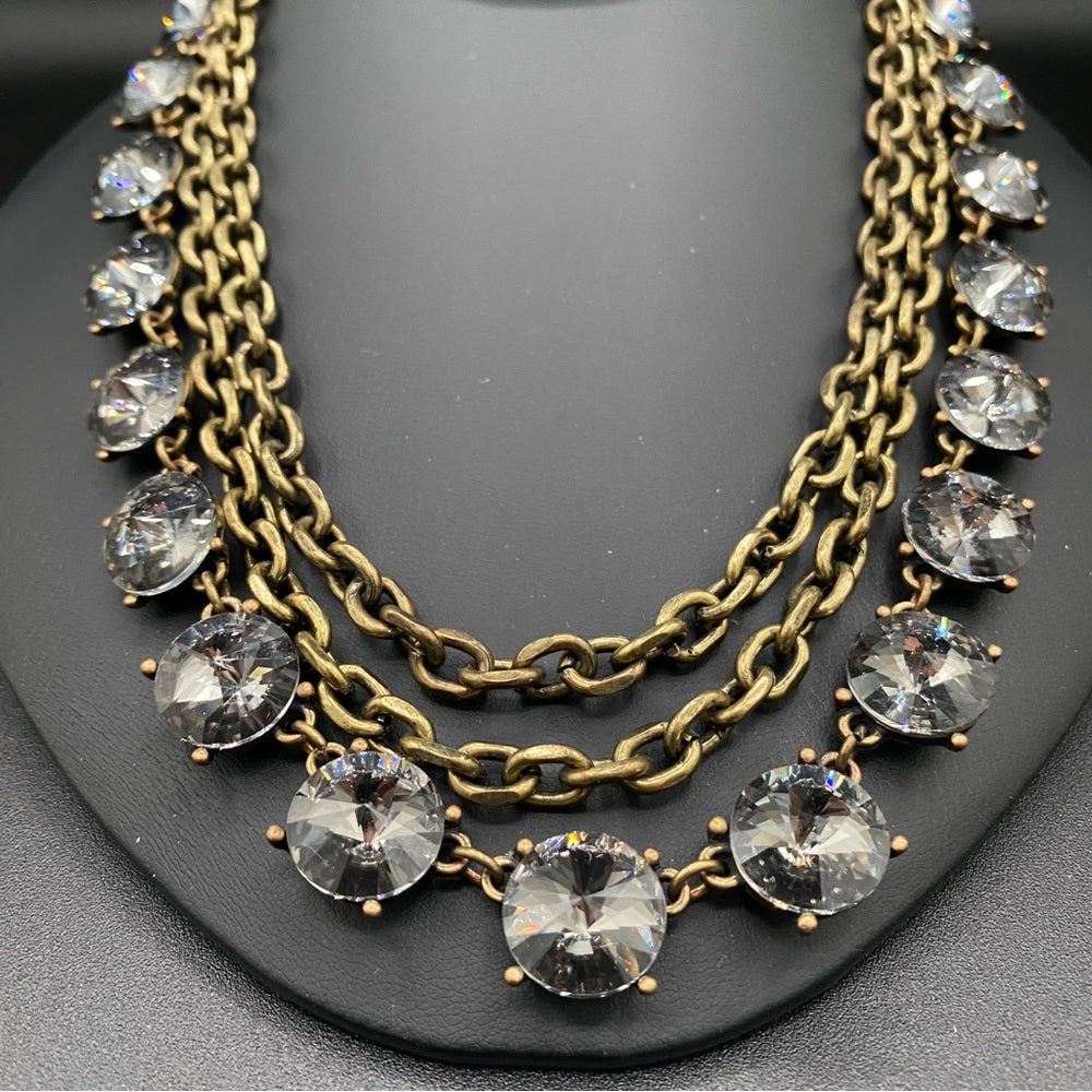 Unique Smoky Grey Glass Rhinestone 3 Chain Statement Necklace