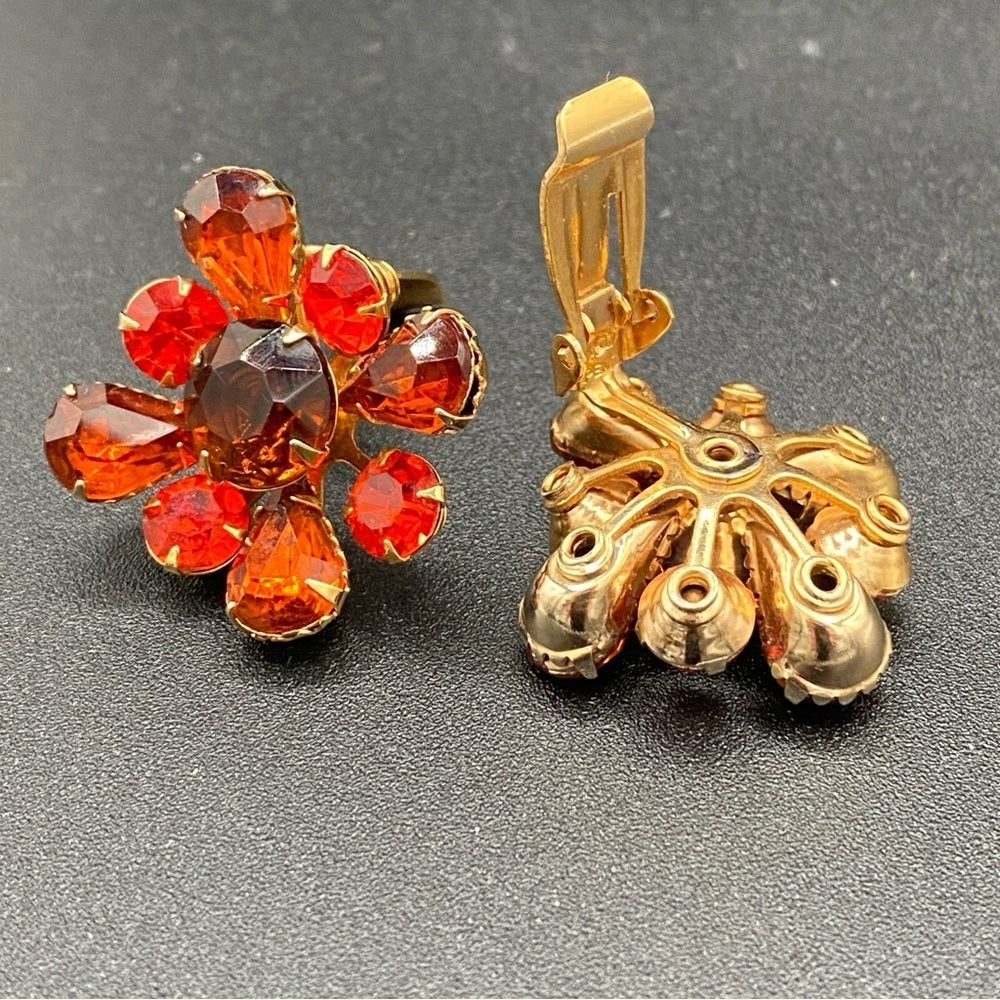 1950s Amber Orange Floral Statement Clip-On Earrings — West Germany Style