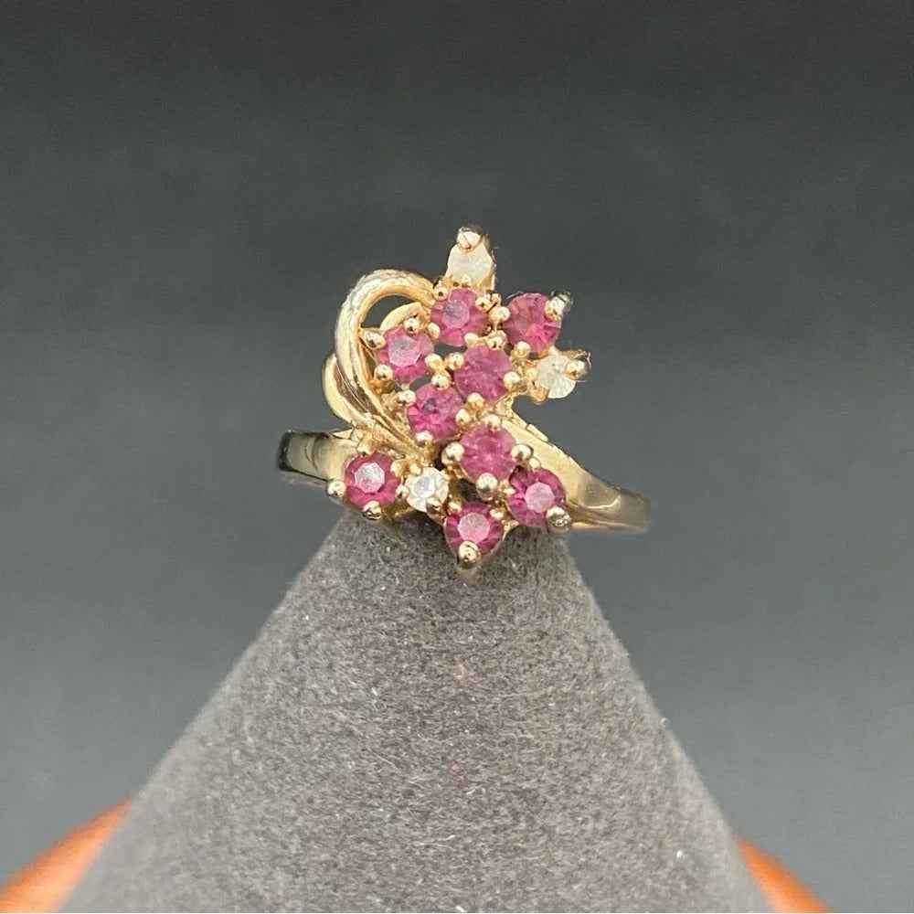 Gold 14KT GE Amethyst Rhinestone Floral Cluster Ring Size 4.75