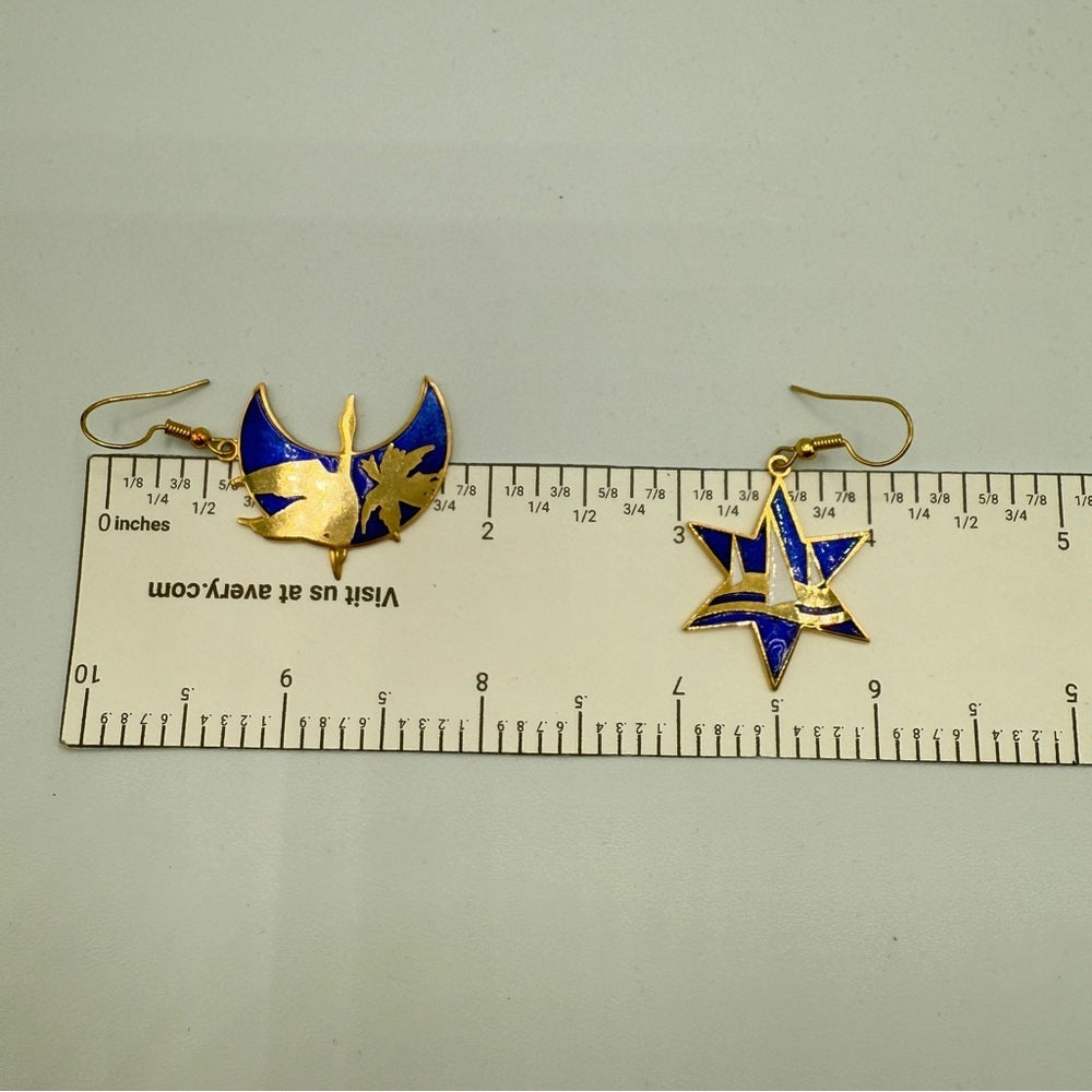 Vintage Cloisonné Bird & Landscape Earrings — Royal Blue & Gold