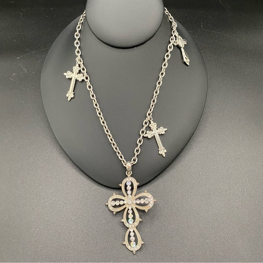 Gothic Multi-Cross Silver Tone Necklace