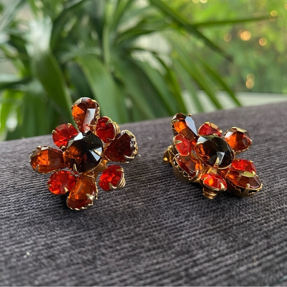 1950s Amber Orange Floral Statement Clip-On Earrings — West Germany Style