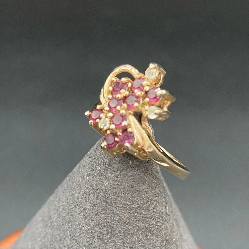 Gold 14KT GE Amethyst Rhinestone Floral Cluster Ring Size 4.75