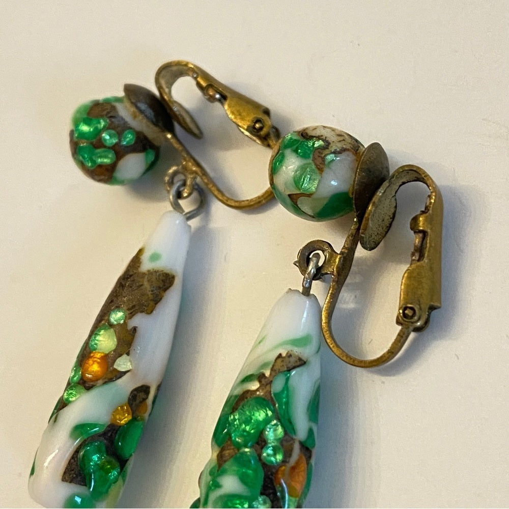 Vintage Venetian Glass Green and White Clip On Drop Earrings