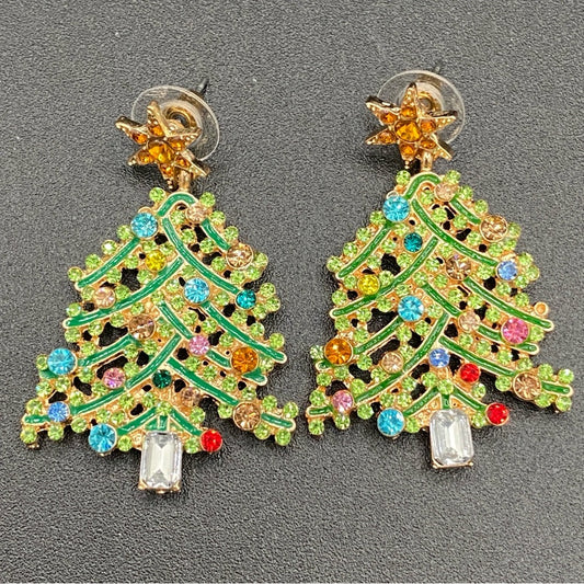 Sparkly Green Rhinestone Studded Christmas Tree Earrings