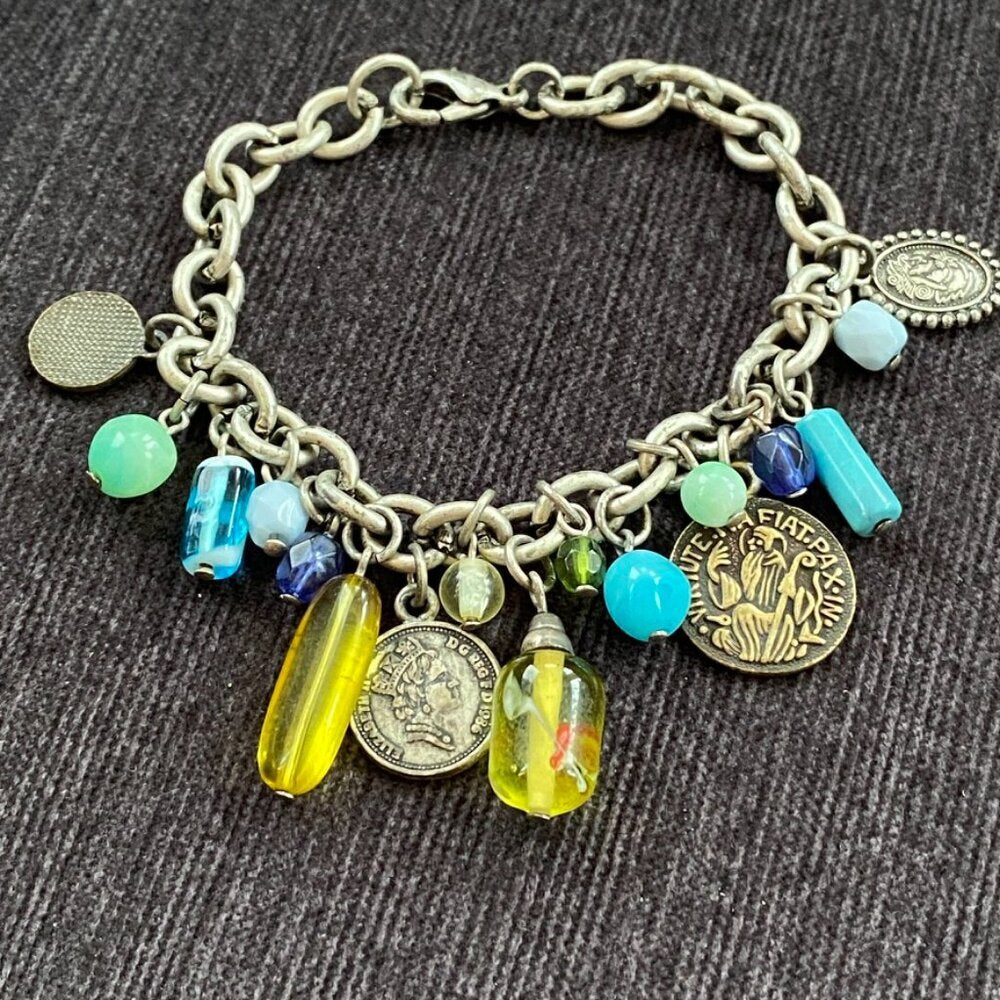 Charm Bracelet with British Empire Coins and Art Glass Murano Beads