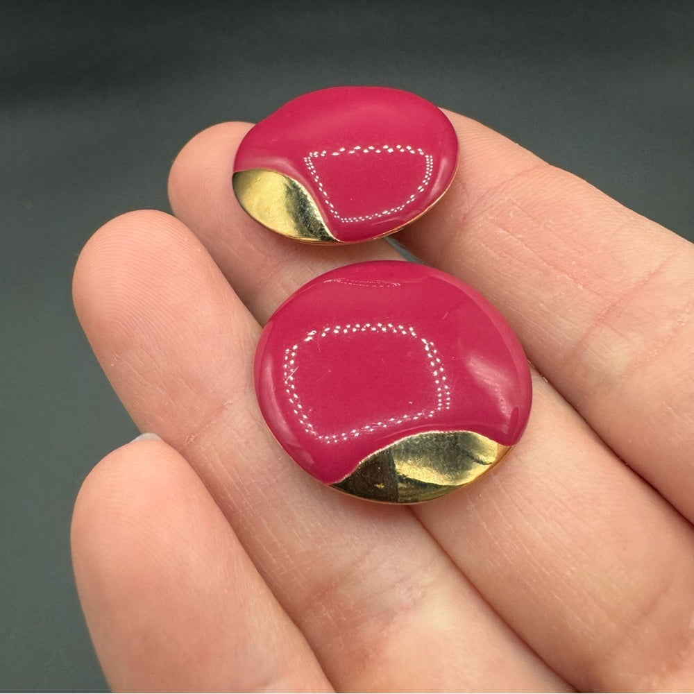 Dusty Rose Enamel and Gold Pierced 80s Earrings