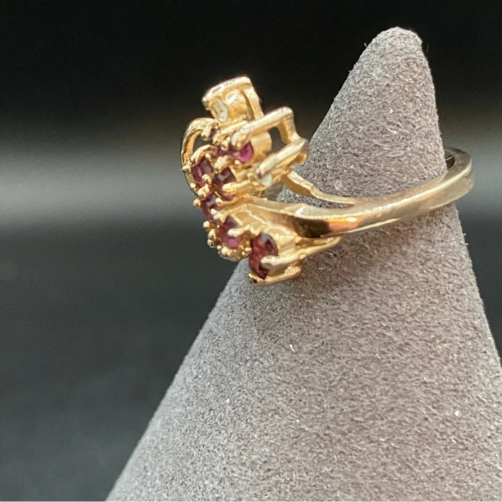 Gold 14KT GE Amethyst Rhinestone Floral Cluster Ring Size 4.75