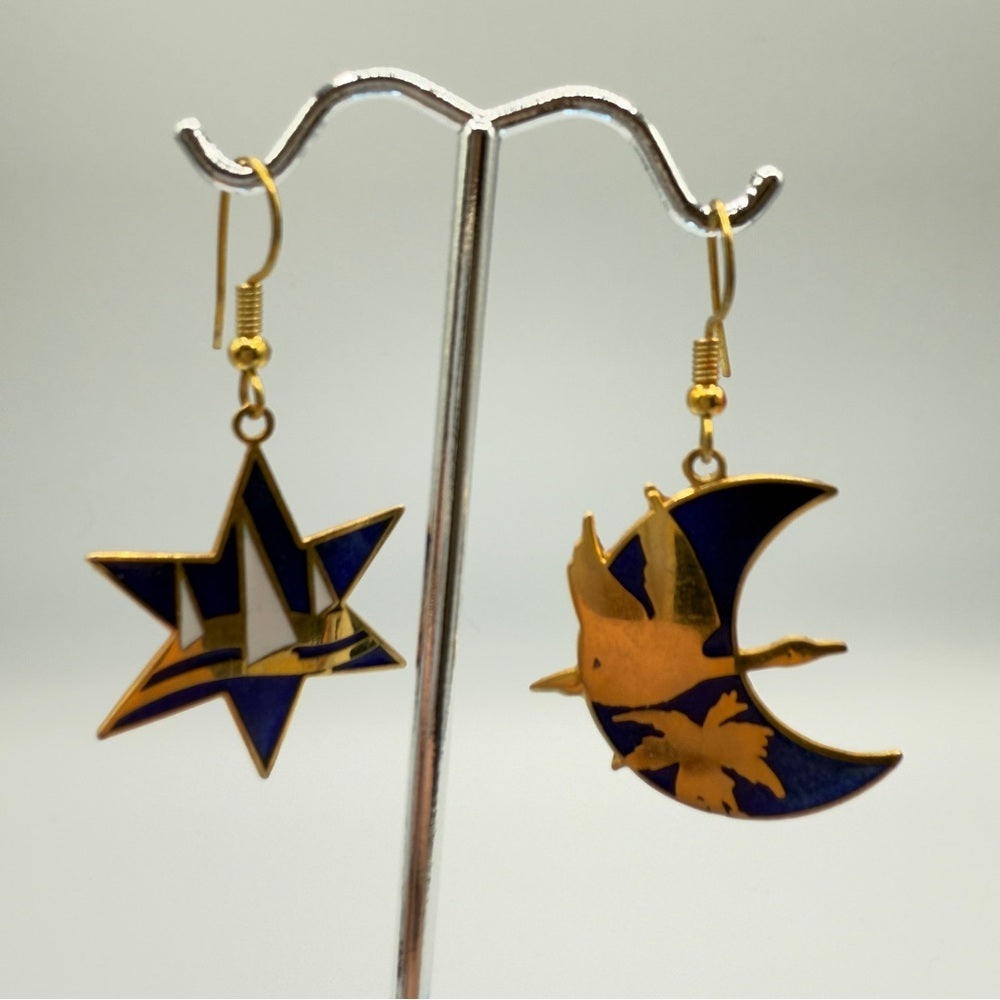 Vintage Cloisonné Bird & Landscape Earrings — Royal Blue & Gold