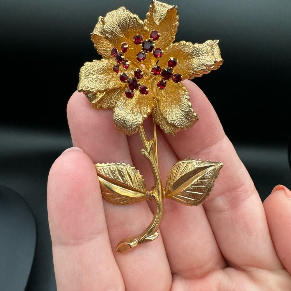 Trembler Flower Brooch with Red Rhinestone Pistil Centre