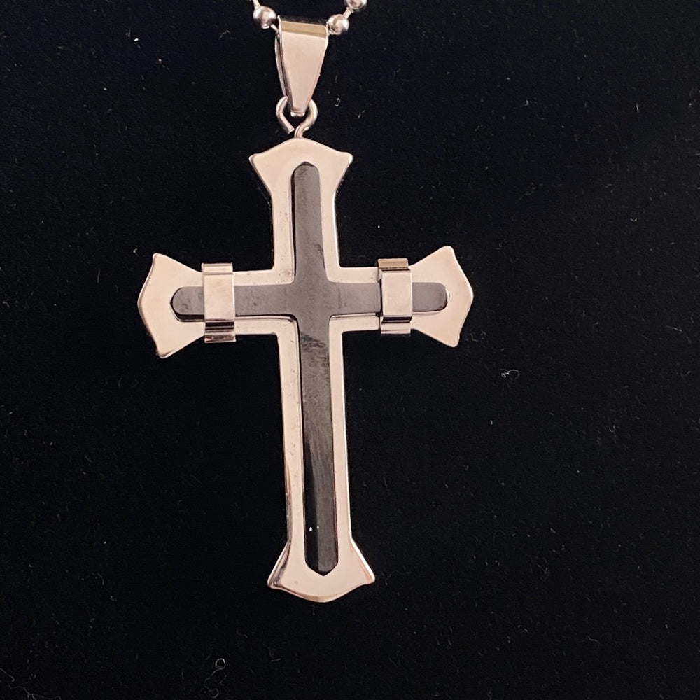 Modernist Stainless Steel Black Onyx Gothic Cross Pendant and 22in Chain