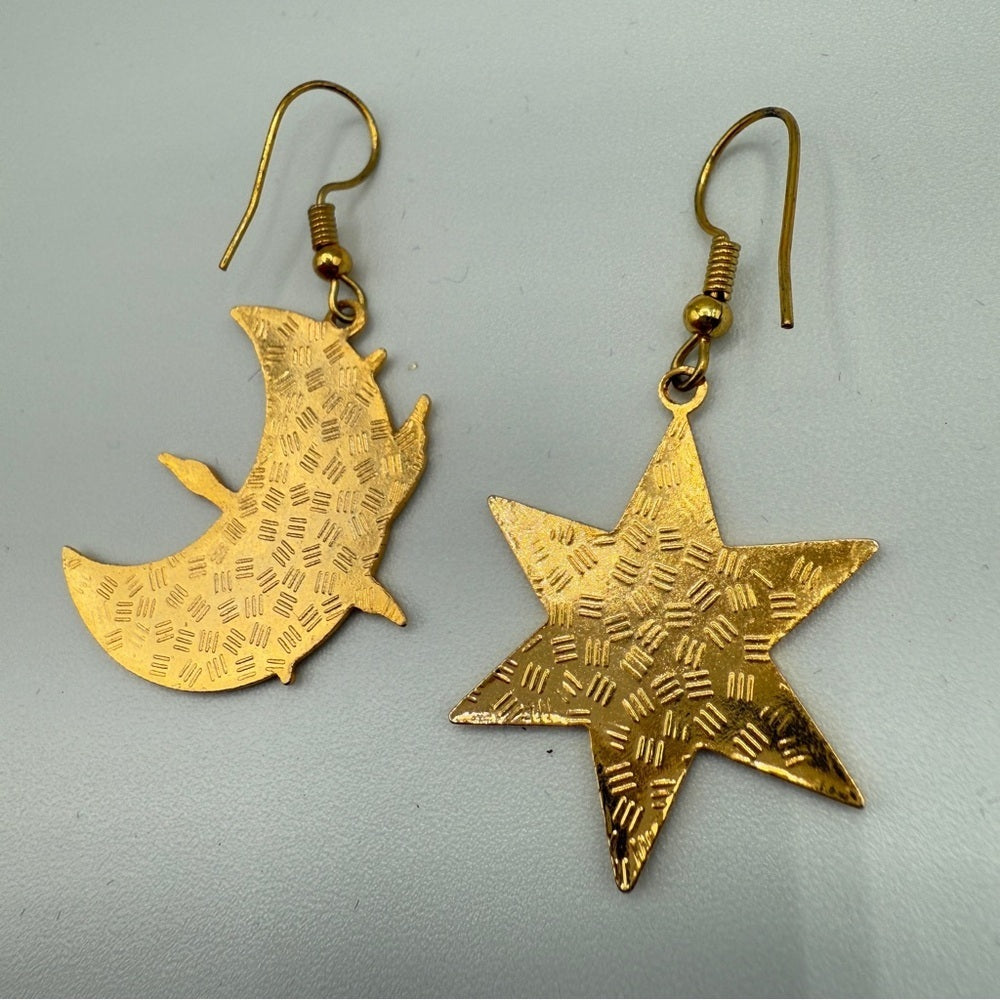Vintage Cloisonné Bird & Landscape Earrings — Royal Blue & Gold