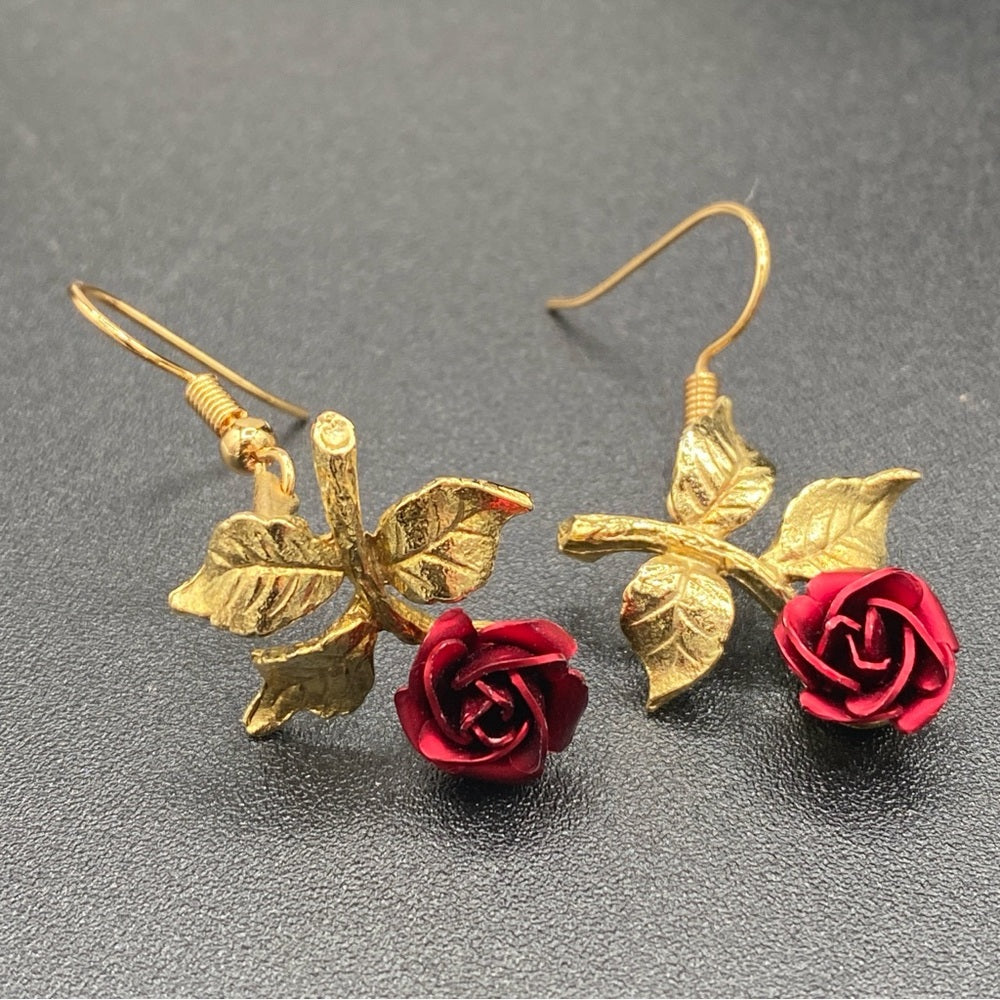 Vintage Red Rose Gold Tone Hook Earrings