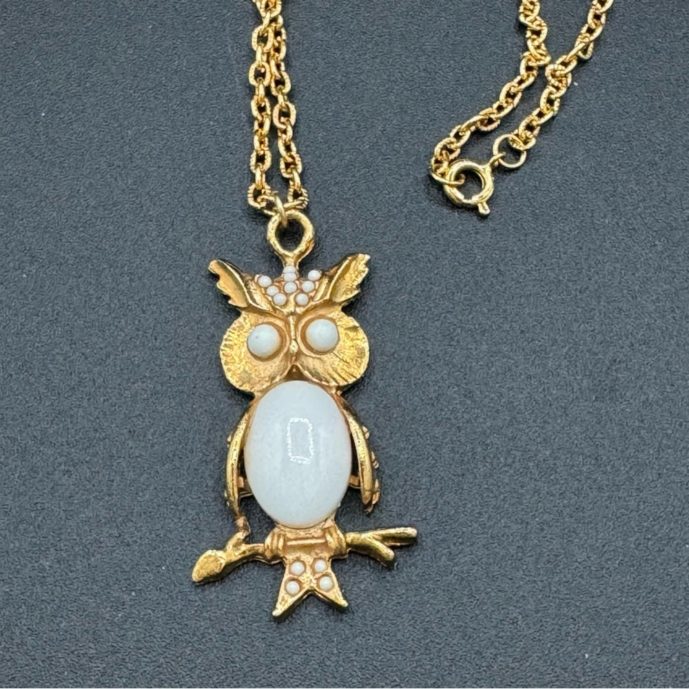 Milky White Jelly Belly Owl Pendant Necklace