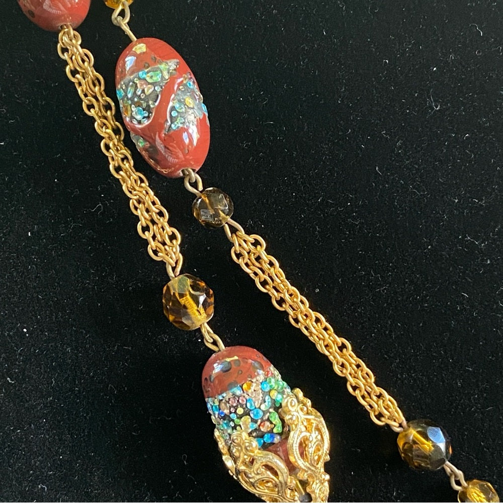 Vintage Textured Glass Bead Flapper Necklace with Gold Tone Filigree Details