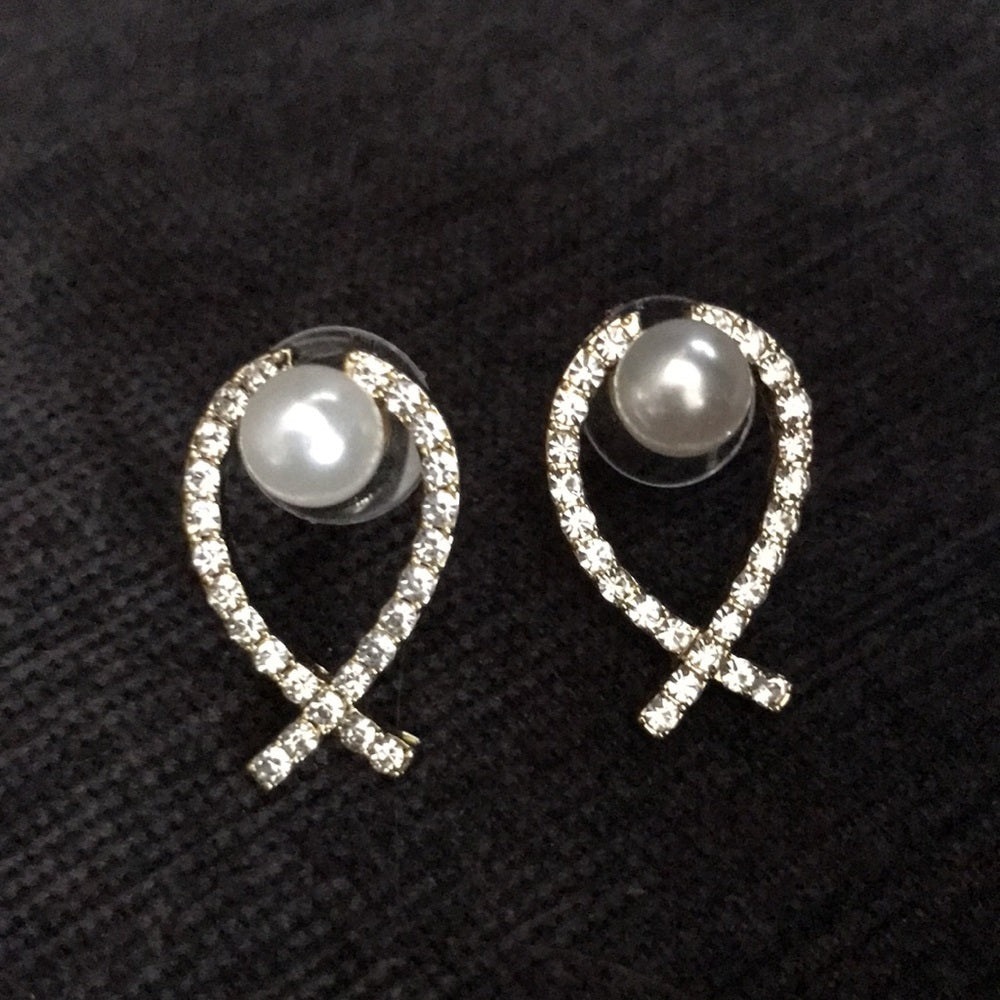 Faux Pearl and Rhinestone Encrusted Bow Earrings Pierced