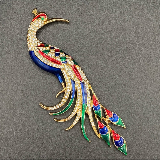 Colorful Bird Brooch In Blue, Red, Green Enamel and Sparkly Rhinestones in Gold