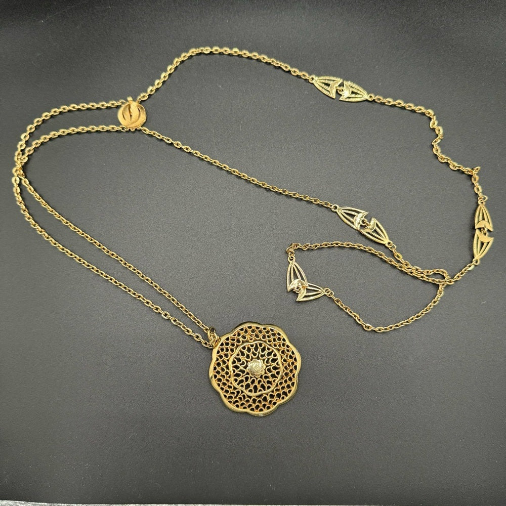 Vintage Multilayer Egyptian Revival Necklace with Intricate Gold Tone Filigree Pendant