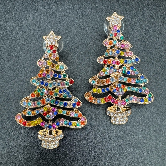 Glittery Crystal Studded Christmas Tree Earrings Pierced