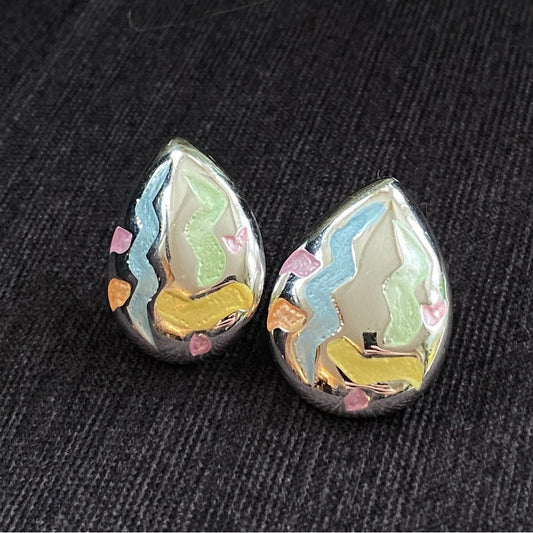 80s Tear drop Silver Tone Fun Pastel Geometric Shape Pierced Earrings