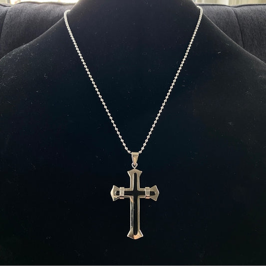 Modernist Stainless Steel Black Onyx Gothic Cross Pendant and 22in Chain