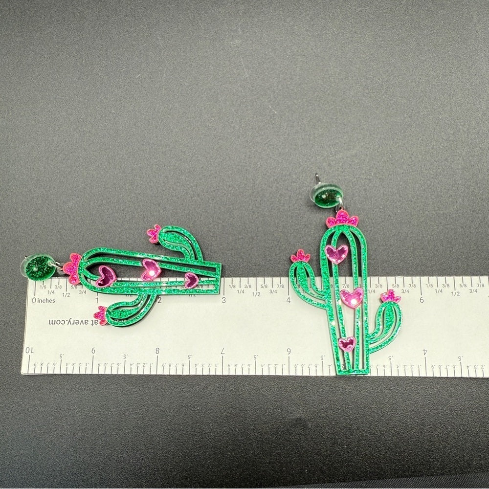 Cactus Earrings Green and Pink  - Pierced