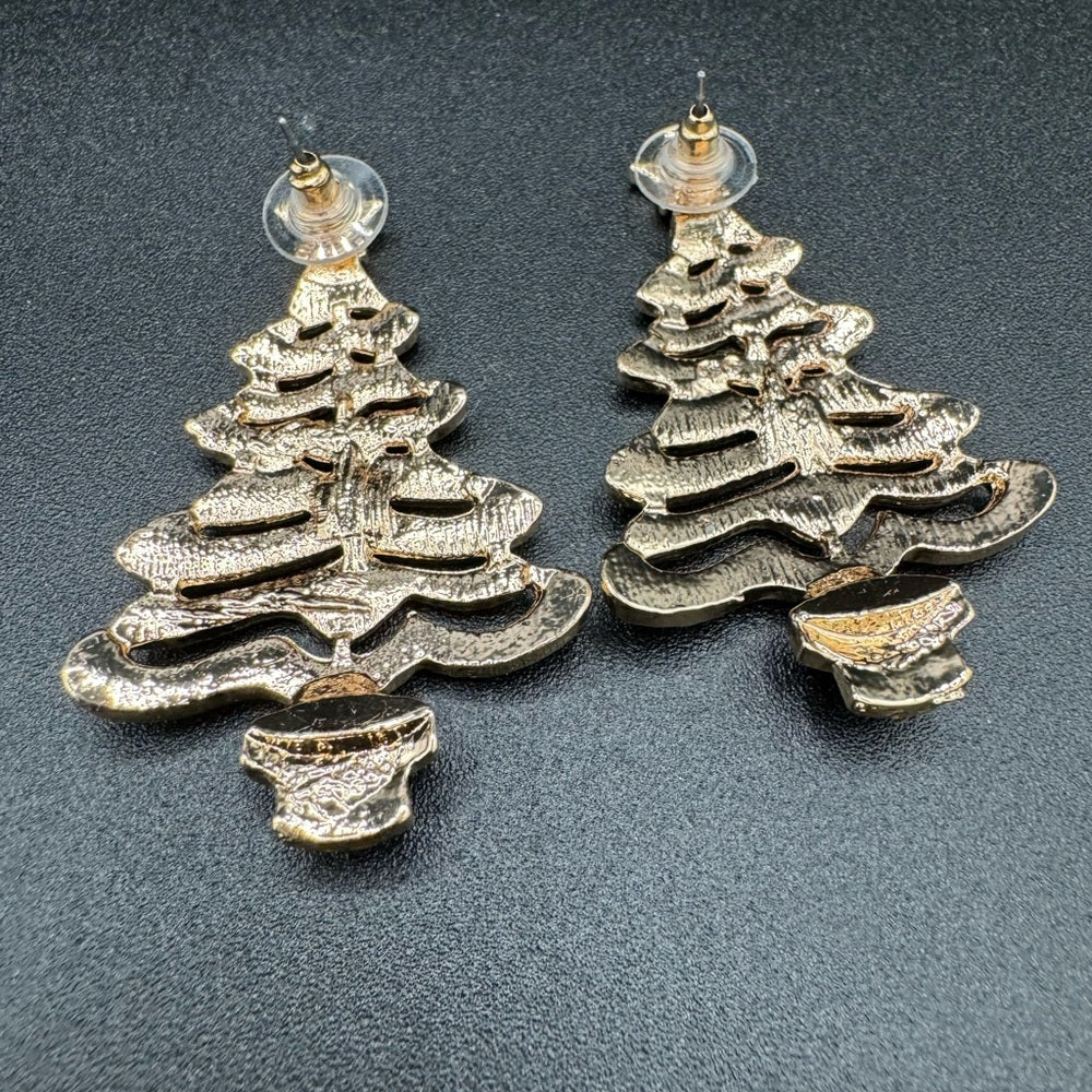 Glittery Crystal Studded Christmas Tree Earrings Pierced