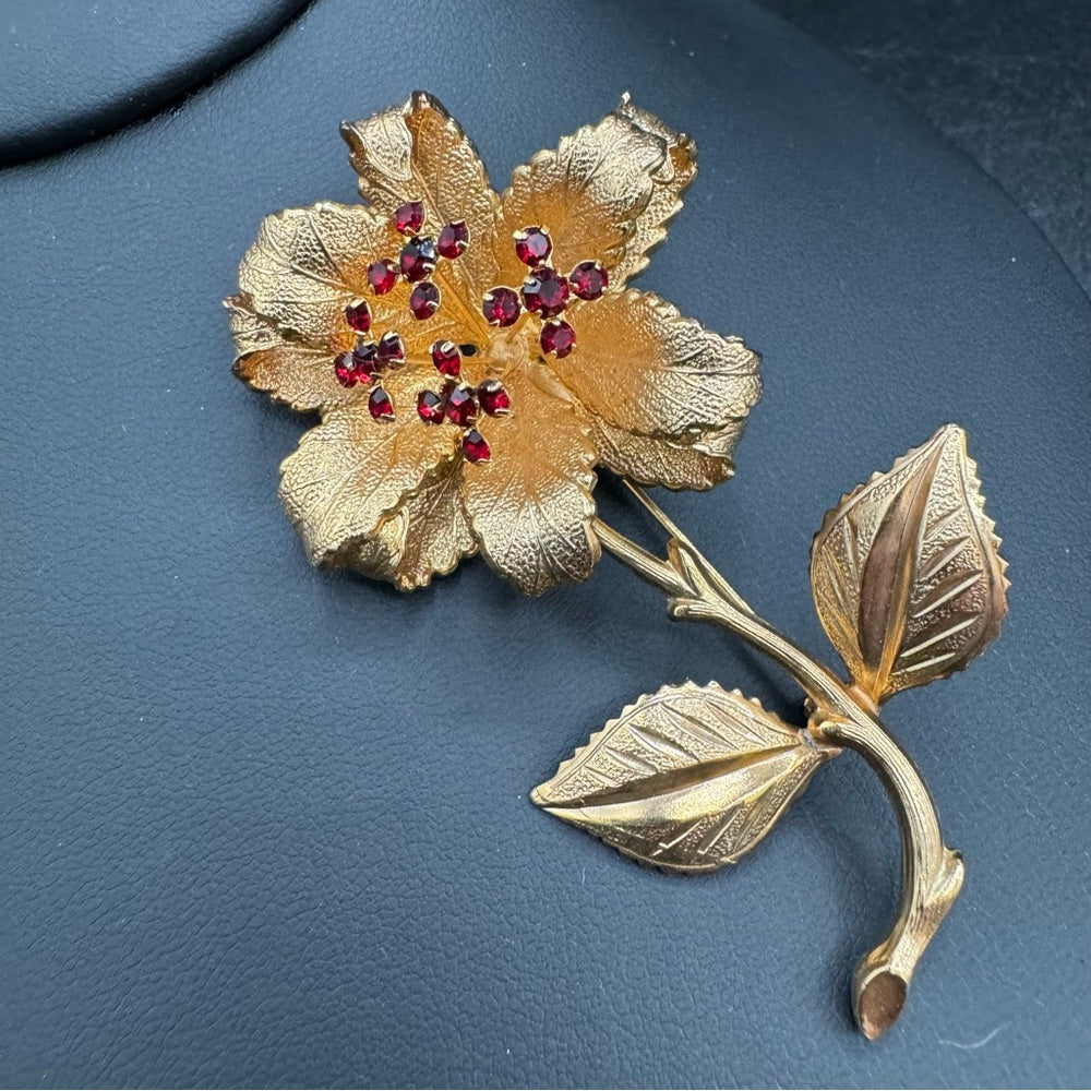 Trembler Flower Brooch with Red Rhinestone Pistil Centre