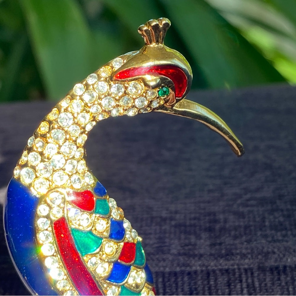 Colorful Bird Brooch In Blue, Red, Green Enamel and Sparkly Rhinestones in Gold