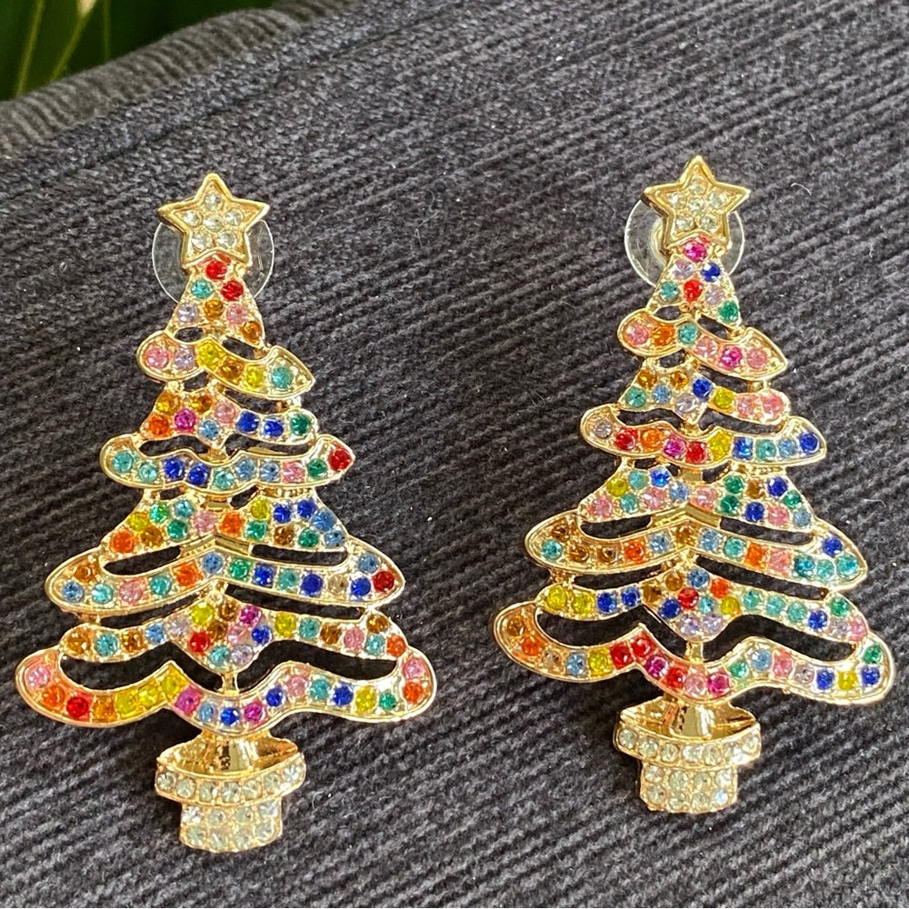 Glittery Crystal Studded Christmas Tree Earrings Pierced