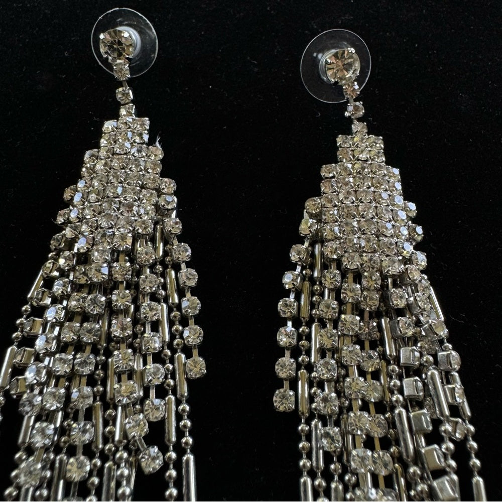 Badgley Mischka Cascading Silver Tone Fringe Rhinestone Earrings Pierced